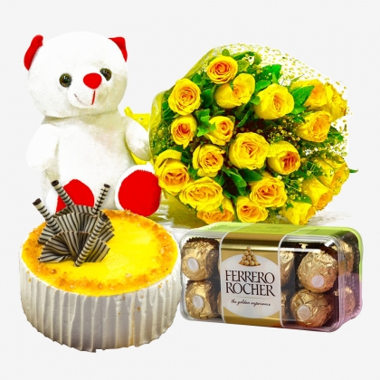 Yellow Roses N Rocher & Teddy With Butterscotch Cake